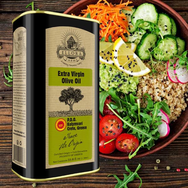 Ellora Farms, Greek Extra Virgin Olive oil, Certified Single Estate PDO, Traceable olive oil, Harvested in Crete, Kosher ek, 1 Lt. X 3 Tins, total 101.4 FL oz.