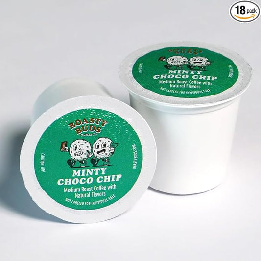 Roasty Buds Coffee Mint Chocolate Chip Pods 18 Count | Single-Serve 11g Per Pod | Recyclable, Gluten-Free, Non-GMO, No Sugar/Dairy/Soy/Egg (18 Count, Minty Choco Chip)