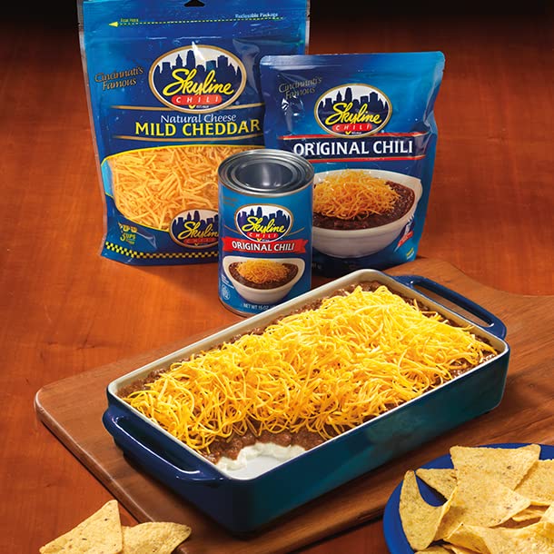 Skyline Chili Bundle - 8-Pack of 15oz Cans Original Chili, (1) 6oz Skyline Hot Sauce Bottle - Authentic Cincinnati Ground Beef Chili with No Beans - Ready to Heat Meal for Hot Dogs, Spaghetti & More