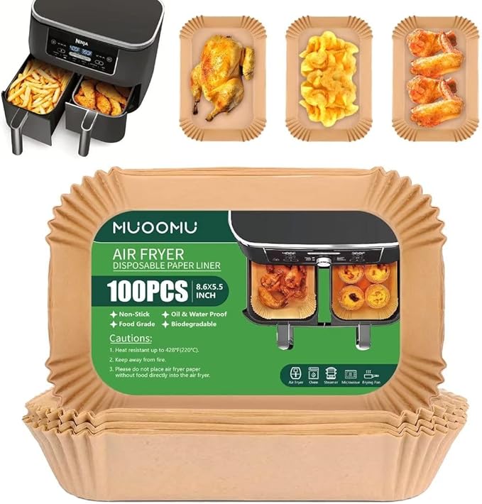 Air Fryer Disposable Paper Liners for Ninja Dual Airfryer Accessories, Non-Stick Parchment Rectangular for Baking, Oil Proof, Water Proof, for Microwave Oven (100PCS, 8.6in x 5.5in)