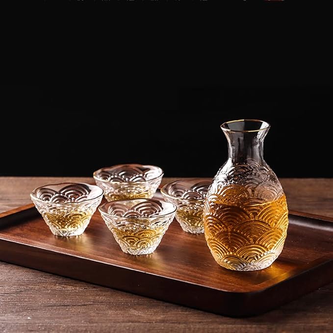 Glass Sake Set, Clear Glass Sake Bottle Set Including 1 Warming Mug, 1 Sake Pot, 4 Sake Cups, Sake Set Hot Sake or Iced Sake for Sake Lovers
