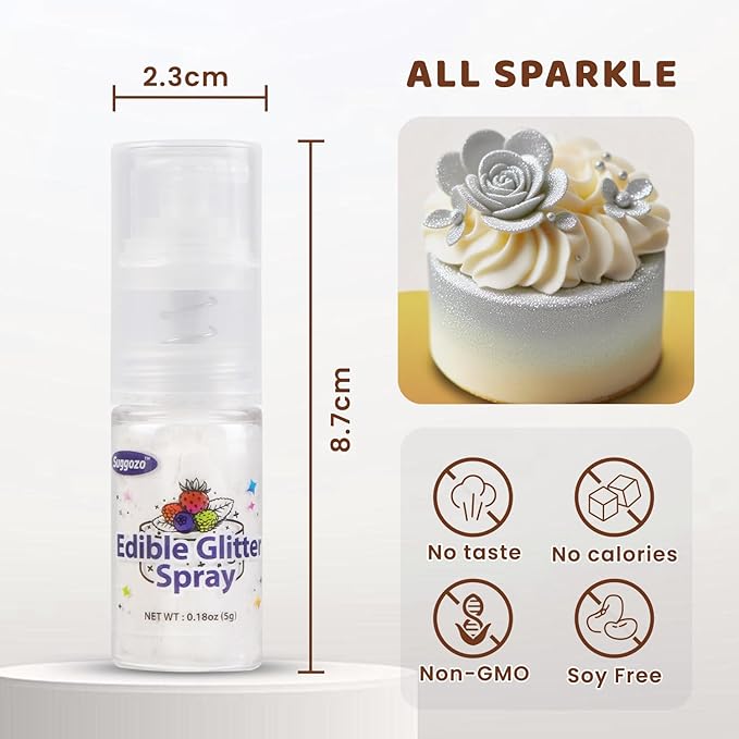 Shimmer White Edible Glitter Spray, 5g Food Grade, Edible Glitter for Drinks, Luster Dust for Cake Decorating, Baking, Cocktails, Chocolate, Strawberry