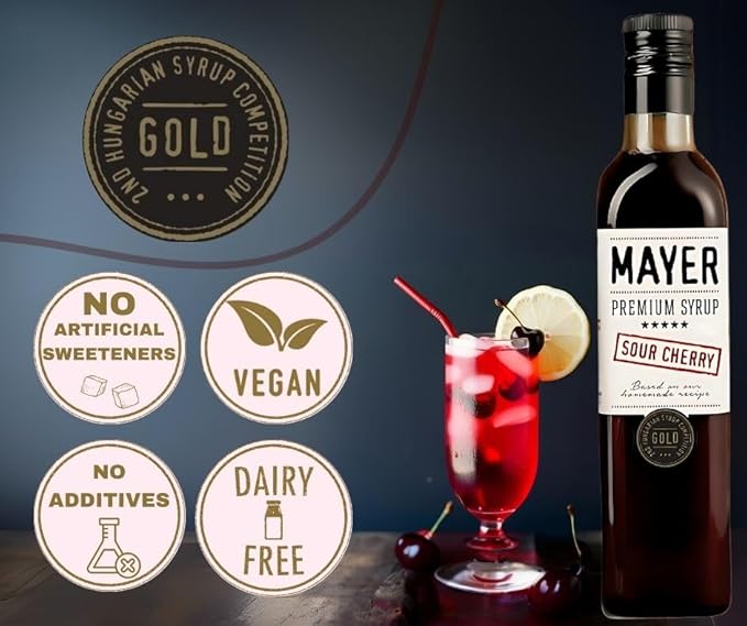 Mayer Hungarian Sour Cherry Artisanal Syrup ??Award-Winning Cherry syrup for drinks, All-Natural Cordial, Over 50% Real Fruit, Vegan (16.9 oz Bottle) ??Ideal Cocktail Mixer & Dessert Topping