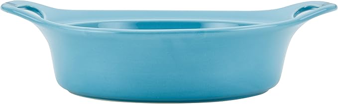 Rachael Ray Solid Glaze Ceramics Casserole Bakeware/Baker Set with Shared Lid, 3 Piece, Agave Blue