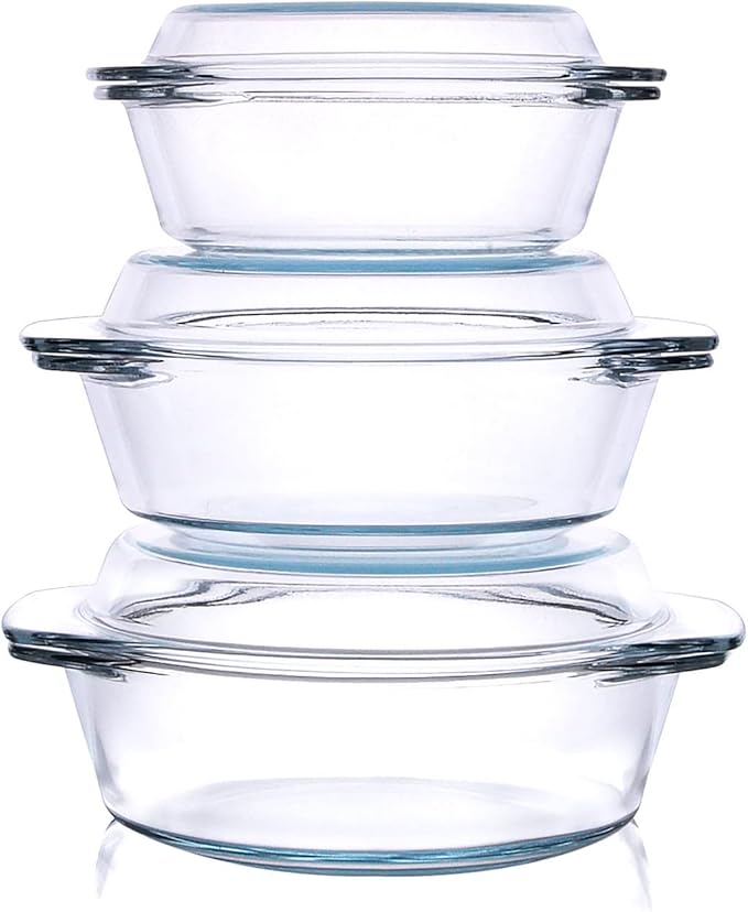 Set of 6 Pieces Round Tempered Glass Casserole Dish with Lids, Glass Casserole Baking Dish Set for Oven, Freezer and Dishwasher Safe - 0.7QT+1QT+1.5QT