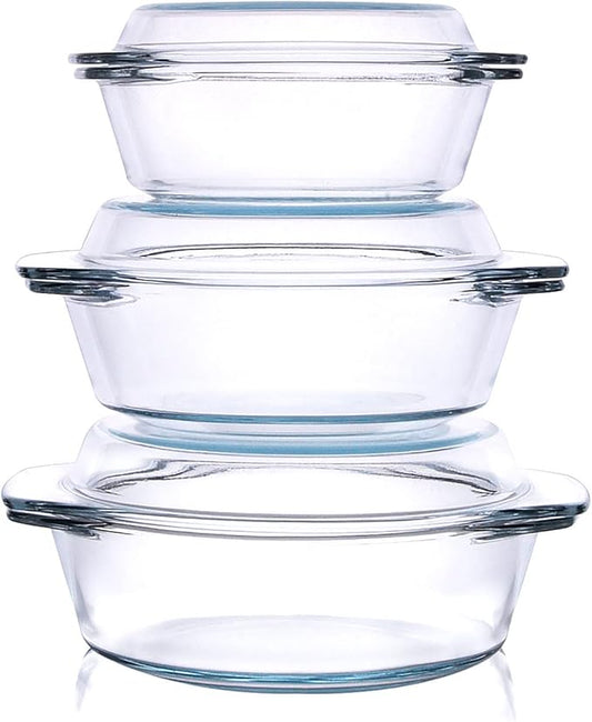 Set of 6 Pieces Round Tempered Glass Casserole Dish with Lids, Glass Casserole Baking Dish Set for Oven, Freezer and Dishwasher Safe - 0.7QT+1QT+1.5QT