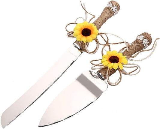 TANG SONG Rustic Wedding Cake Knife and Serving Set with Sunflower Burlap Lace Wedding Cake Knife (Set of 2)