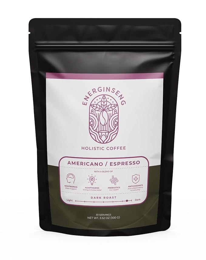 Energinseng Mushroom Coffee - Artisanal Instant Americano Espresso with Nootropics, Adaptogens, Prebiotics, and Antioxidants - 3.5oz (100g)