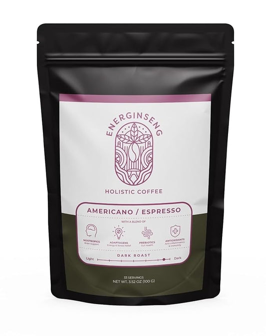Energinseng Mushroom Coffee - Artisanal Instant Americano Espresso with Nootropics, Adaptogens, Prebiotics, and Antioxidants - 3.5oz (100g)