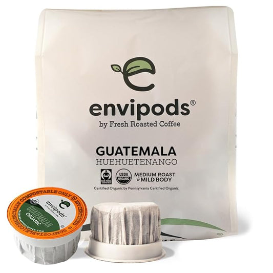 Fresh Roasted Coffee, Organic Guatemala envipods | BPI Compostable, USDA Organic, Mold & Myco 3rd Party Tested | Med Roast 12 CT Compatible With 1.0 & 2.0 K Cup Brewers