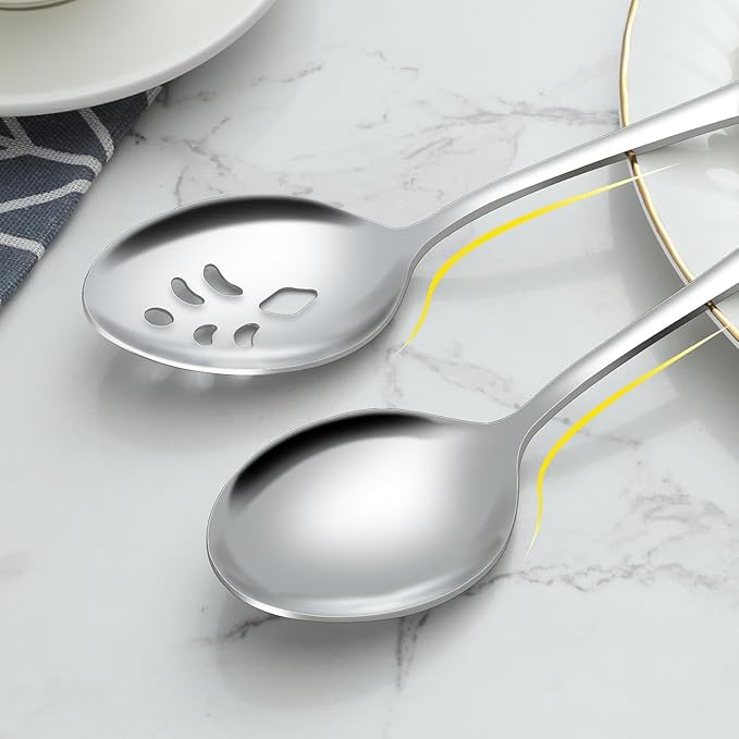BEWOS 16-Piece Serving Spoons Set - Set of 8 Serving Spoons, Set of 8 Slotted Spoons, 9.1-Inch Utensils Set for Parties, Stainless Steel, Dishwasher Safe, Large Spoon For Buffet