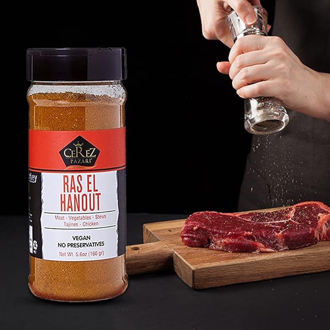 Cerez Pazari Ras El Hanout Meat Seasoning, Premium Grade Moroccan Meat Spice Blend, Natural & Freshly Packed, Non-GMO, Gluten-Free, No Preservatives, 5.6 oz.