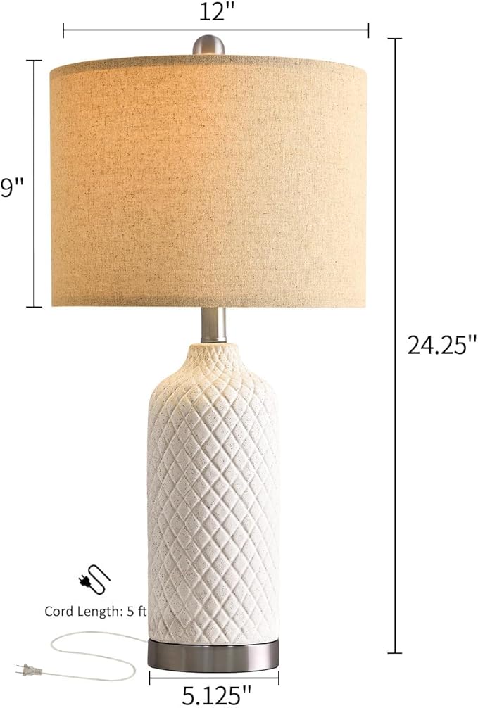 24.25" Single Table Lamp for Bedroom Modern Ceramic Nightstand Lamp White Bedside Lamp Boho Living Room Lamp Farmhouse Bedroom Lamp Side Table Lamp End