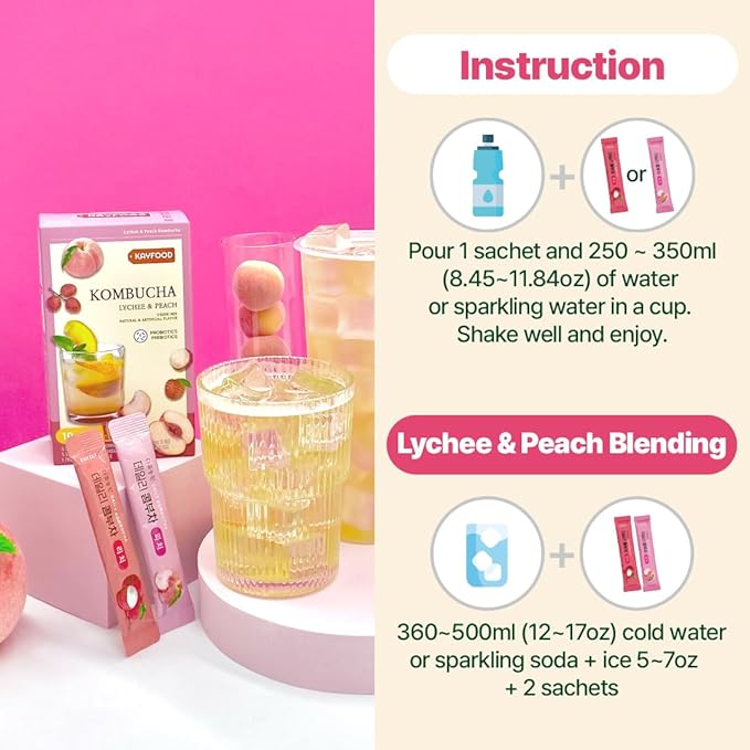 KAYFOOD-Kombucha-Peach-Garden-Daily Zero Sugar, Diet, Gut Healthy Sparkling Beverage, Fermented Korean Drinks for Iced, Hot, Workout Tea (10ST) (10ST, Lychee&peach)