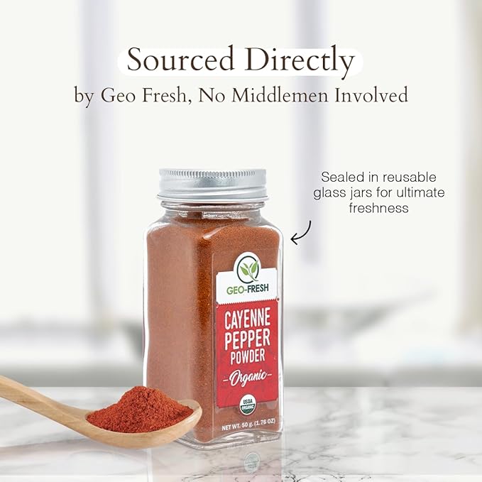 Geo-Fresh Organic Cayenne Pepper Powder, 1.76 oz (50g) ??Spicy & Aromatic Cayenne Chili Powder Organic ??Pure Ground Red Pepper Powder ??USDA Certified Organic ??Non-GMO ??Kosher ??Gluten-Free ??Product of India