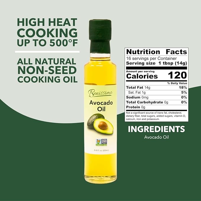 100% Pure Avocado Oil in Glass Bottle, Allergen-Free and Non-GMO, Premium Cold-Pressed Cooking Oil for Saut챕ing, Baking, Grilling, and Salad Dressings, 8.45 fl oz