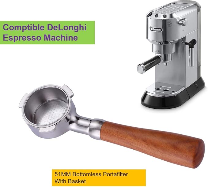 51mm Bottomless Portafilter Fits DeLonghi EC680 and EC685 Espresso Machine Stainless Steel Naked Portafilter Along with Double Shot Filter Basket Coffee Bottomless Handle-Wooden