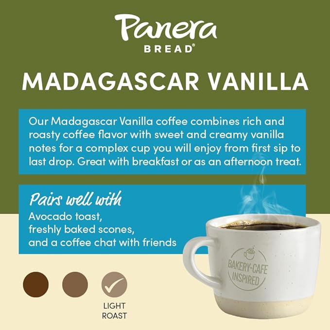 Panera Bread Madagascar Vanilla Light Roast Coffee, Single Serve 60 Count Pods (6 Packs of 10)