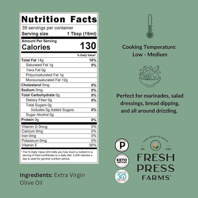 Fresh Press Farms Cold Pressed Bold Extra Virgin Olive Oil, 16.4 Fl Oz (Pack of 2), Georgia Grown, 100% American Made, Unrefined, Certified Whole30, Non-GMO, Keto, Paleo, Gluten Free