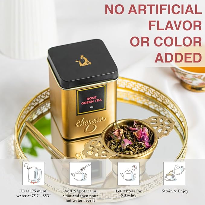 CHAYAM Rose Green Tea, 50g/1.77oz each | Exotic Tea with Real Dried Rose Petals & Whole Leaf Green Tea | 100% Natural Ingredients | Floral Tea | No Sugar & Zero Calories - Pack of 2