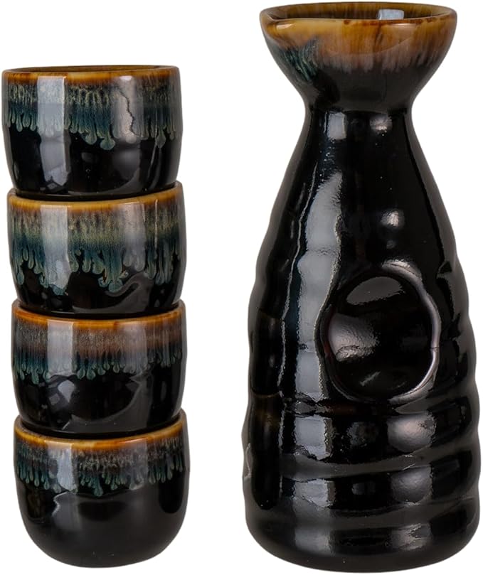 Urban Tokyo Japanese Sake 5 Piece Set Include 1 Sake Bottle and 4 Cups for Hot or Cold Sake Home or Restaurant Use Reactive Glazed Ceramic (Black Brown)