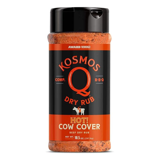 Kosmos Q Cow Cover HOT BBQ Rub, Savory & Spicy Meat Seasoning with Chili Pepper, Garlic, Onion, Paprika & Hickory Smoke, Steak Rub and Dry Rub for Brisket, Burgers, Ribs & More, 10.5 Oz Shaker Bottle