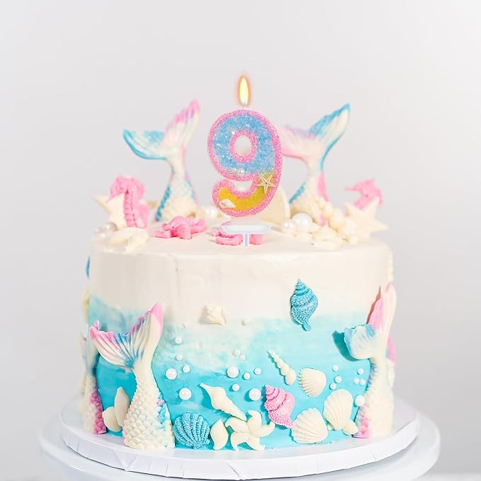 9th Birthday Candle for Cake, Pink Beach Starfish Sequins Number Candles, 2.76 inch Pink Cake Topper Decoration for Birthday Party (Number 9)