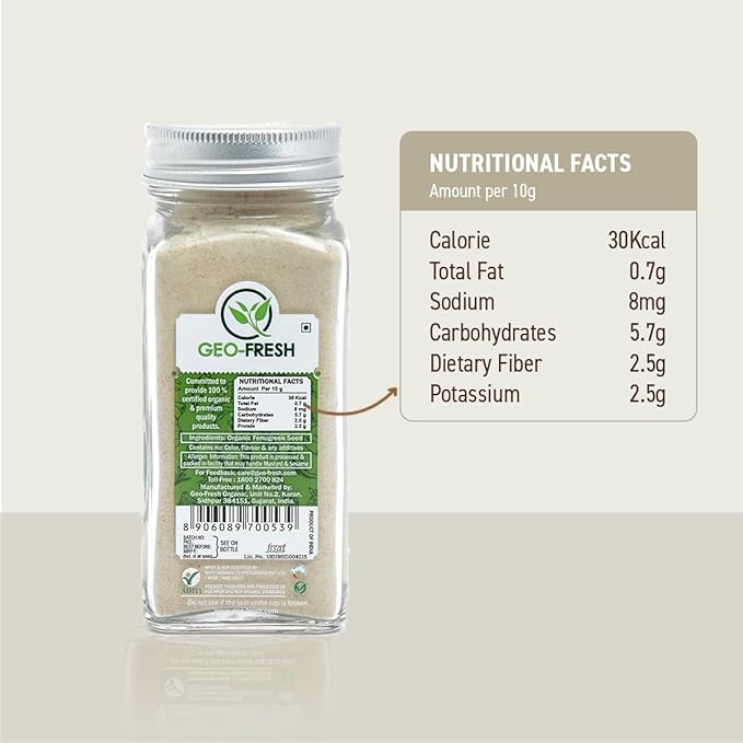 Geo-Fresh Fenugreek Powder Organic ??2.29 oz (65g) ??Organic Fenugreek Powder ??Ground Spices for Cooking ??USDA Certified ??Kosher, Non-GMO, Gluten-Free ??Premium Quality Indian Spice