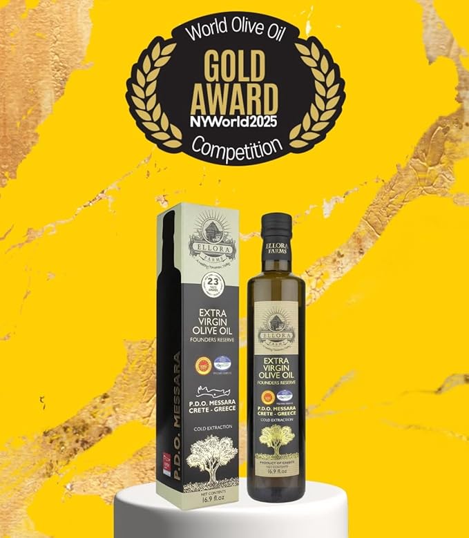 Ellora Farms, Greek Extra Virgin Olive Oil, Certified Single Estate Messara, Greece, Gold Medal Winner, Dark Bottle 17 FL oz., Pack of 2