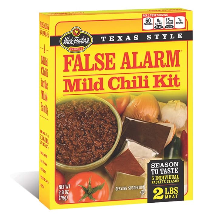 Wick Fowler's False Alarm Mild Chili Kit, Texas Style Chili Seasoning Mix with Individual Packs of Spices, 2.8oz Box (Pack of 8)