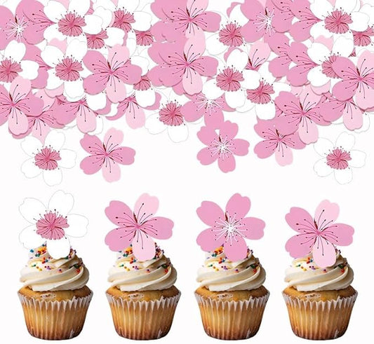 60 Pack Edible Cherry Blossom Cupcake Toppers Cherry Flowers Cake Toppers Rice Paper Wafer Paper Cake Picks for Cherry Blossom Bridal Shower Baby Shower Kids Birthday Cake Decorations