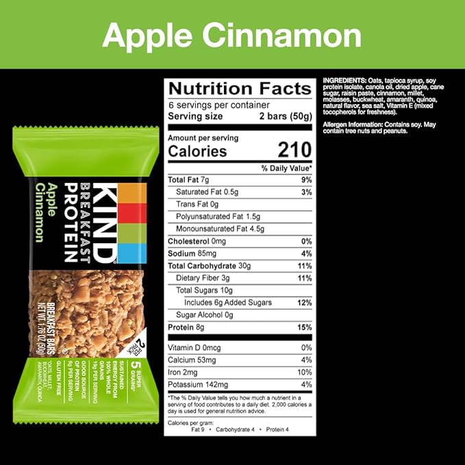 KIND Breakfast Protein, Healthy Snack Bar, Apple Cinnamon, Gluten Free Breakfast Bars, 8g Protein, 1.76OZ Packs, 30 Count