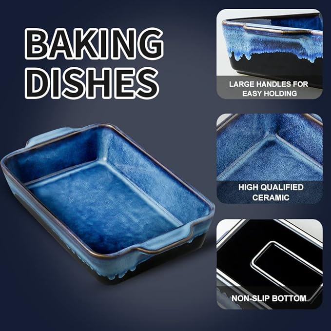 KOOV Bakeware Set, Ceramic Baking Dish Set, Rectangular Casserole Dish Set, lasagna Pan, Baking Pans Set for Cooking, Cake Dinner, Kitchen, 9 x 13 Inches, Reactive Glaze 3-Piece (Nebula Blue)