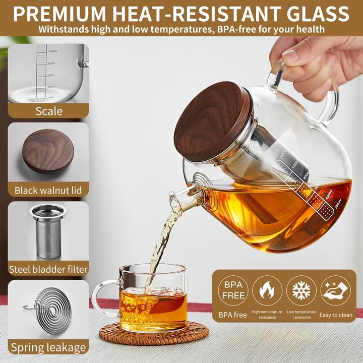 Glass Teapot with Infuser and Lid - 40oz Borosilicate Glass Teapot with Heat-Resistant Handle