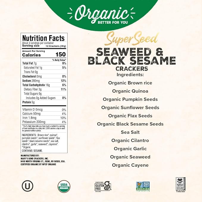 Mary's Gone Crackers Super Seed Crackers, Seaweed & Black Sesame, 4 Ounce (Pack of 6), Organic Plant Based Protein, Gluten Free