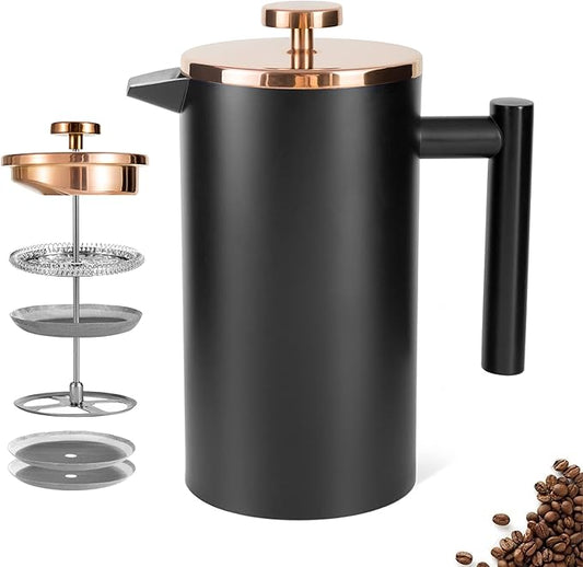 Stainless Steel French Press Coffee Maker 1500ml, Black Double-Wall Insulated Large French Coffee Press for travel camping,Large Capacity ç«?0oz, Blackç«?,<div>