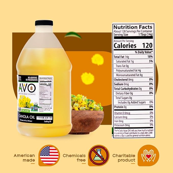 AVO ORGANIC CANOLA Oil Frying, Baking, Non-stick Saut챕ing, Salads, Vinaigrette, Marinades, Pan Coating, General Cooking 64 Fl-oz (Half a Gallon), NO preservatives added, Naturally Processed