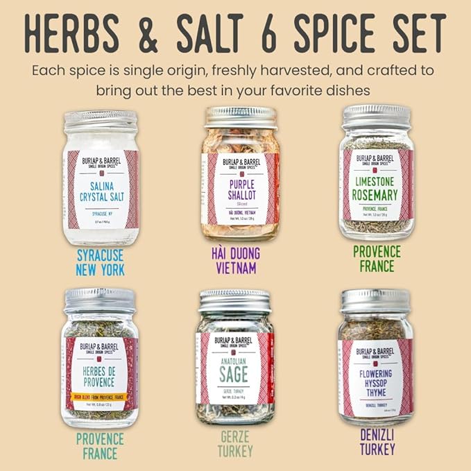 Burlap & Barrel Herbs & Salt 6-Pack Gift Set- As Seen on Shark Tank! Make Your Own Spice Blend, Combine Salt & Herbs for a Savory Mix- Includes Sage, Shallot Slices & More!- 6 Full Size Jars