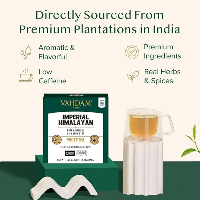 VAHDAM, Imperial Himalayan White Tea Bags (15 Count) Low Caffeine, Non GMO, Gluten Free | Handpicked Harvest From High Elevation Estates | Individually Wrapped Pyramid Tea Bags | Direct from Source