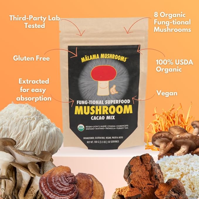 Malama 8-Mushroom Hot Cacao Mix, Organic Chocolate Blend Mushroom Powder for Focus & Inmune Support ??with Lion's Mane, Reishi, Chaga, Turkey Tail ??Vegan Supplement, 3.5 oz (50 Servings)