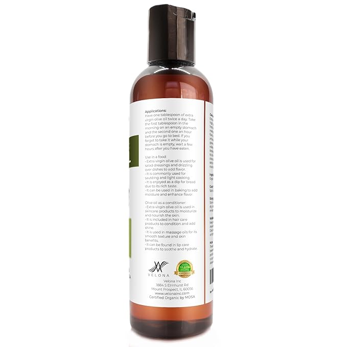 velona USDA Certified Organic Olive Oil - 4 Fl Oz | 100% Pure and Natural Carrier Oil | Extra Virgin, Unrefined, Cold Pressed | Cooking, Dressing, Face, Hair, Body & Skin Care | Use Today - Enjoy Results