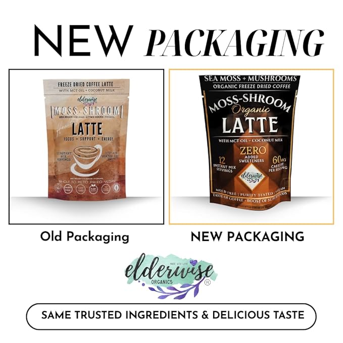 Elderwise Organics Coffee - Latte - Lion's Mane, Chaga, Reishi, Cordyceps, MCT Oil, Coconut Cream & Sea Moss - 12 Servings - Freeze Dried Instant Coffee - Chemical free - Fair Trade