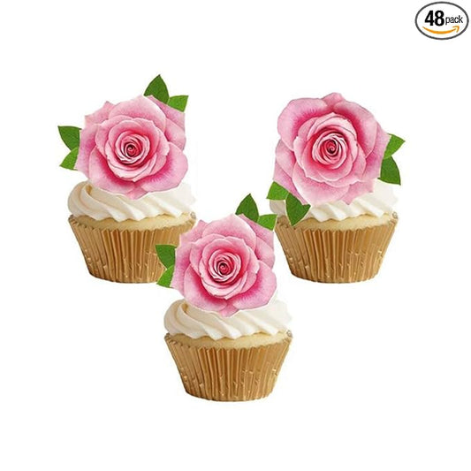 Not 3D 24Pcs Edible Cupcake Topper Pink Rose By Rice Paper Cake Decoration Party Decoration