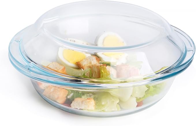 Round Glass Casserole Dish with Lid, Nesting Glass Baking Dish, Heat, Cold and Shock Proof, Oven, Freezer and Dishwasher Safe (1L)