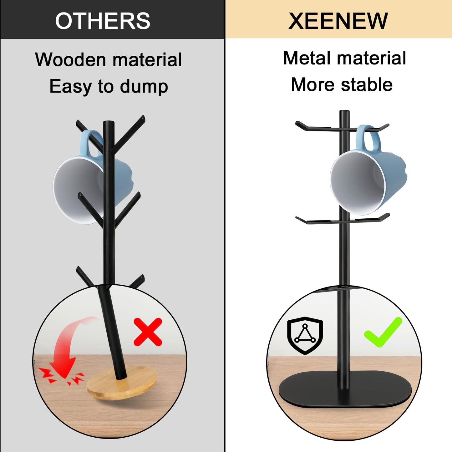 XEENEW Cup Holder Tree with 6 Hooks, Metal Coffee Mug Rack Stand (Black)