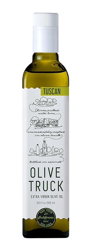 Olive Truck California Extra Virgin Olive Oil - Made from Early Harvest Olives, Authentic & Filtered, Glass Bottle, Cold-Pressed High Polyphenol Olive Oil, Tuscan Blend (Italian) 16.9 fl oz (Pack of 1)
