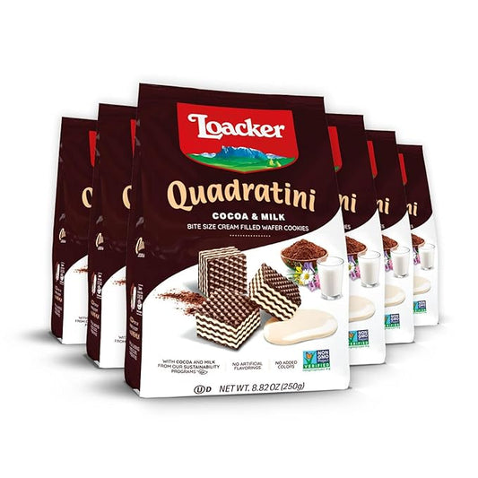 Loacker Quadratini Cocoa & Milk Wafer Cookies LARGE - 30% Less Sugar - Premium Crispy Bite Size Cocoa Wafers - NON-GMO - LARGE Pack of 6