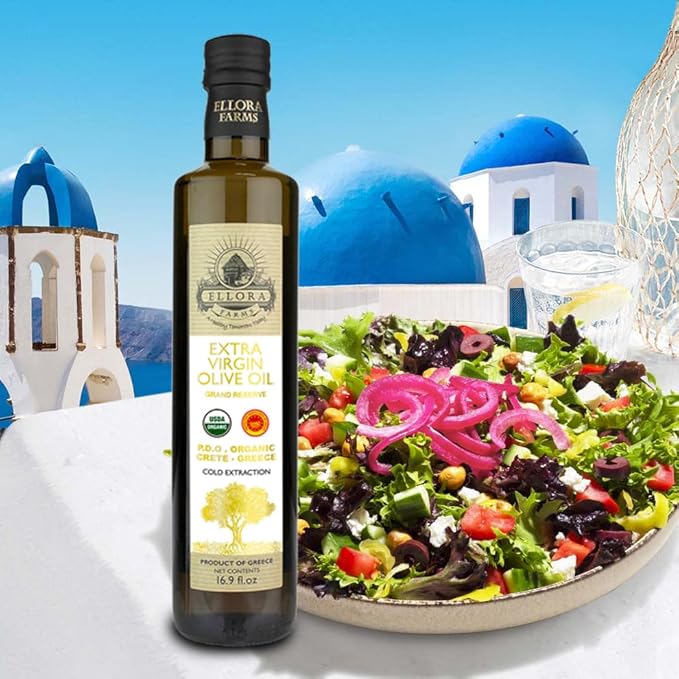 Ellora Farms, Organic Greek Extra Virgin Olive Oil, Single Estate PDO Messara, High Polyphenol, Traceable, Kosher, Glass Bottle in gift box, 17 FL oz