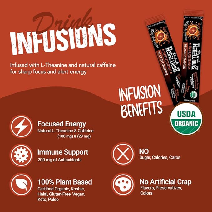 Rebellious Blood Orange Organic Drink Mix ??Organic Zero Calorie Energy Drink Mix | Monk Fruit & Green Tea Extract | L-Theanine + Natural Caffeine | 100% Plant-Based | Pack of 10 | Keto,Gluten-Free