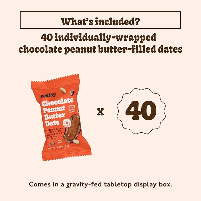 Realsy Filled Medjool Dates, Organic Dates with No Sugar Added, Gluten-Free, Vegan, All Natural Healthy Snack, Single Wrapped (40 ct) (Chocolate Peanut Butter)